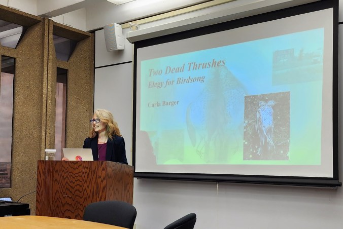 Carla at a podium giving a talk.